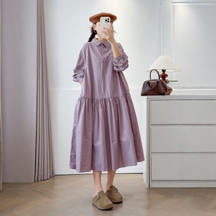 日系小翻领半开扣格纹拼接长袖连衣裙宽松百搭文艺休闲纯棉长裙女