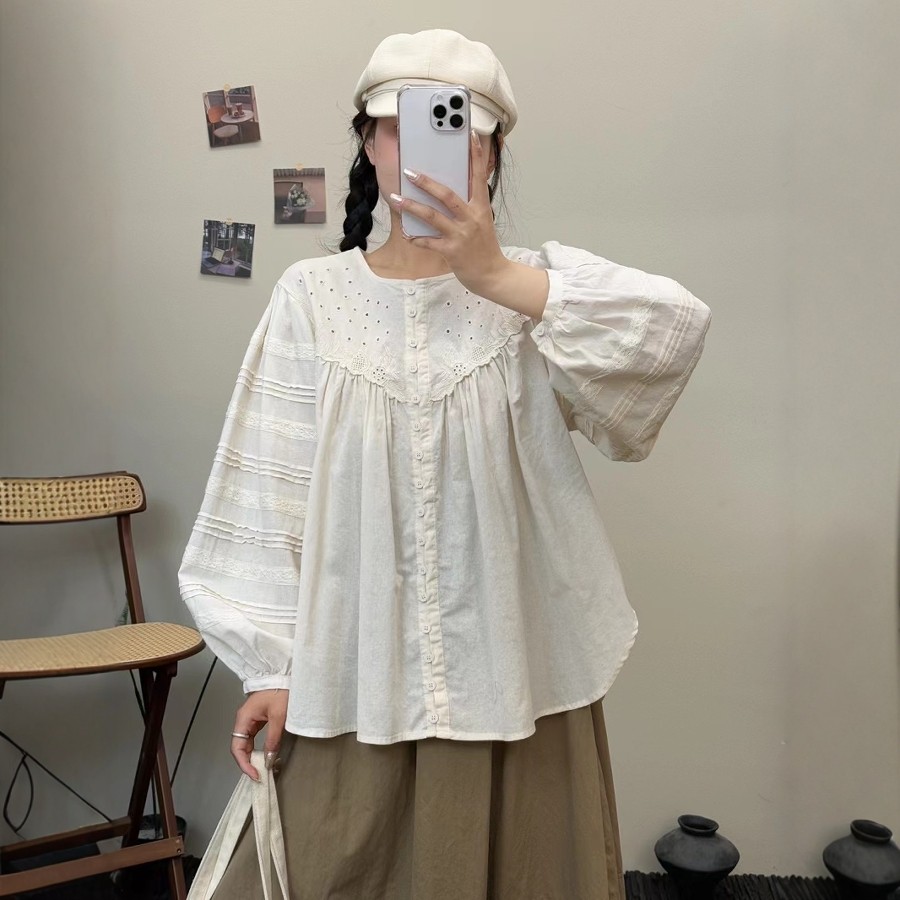 宽松甜美单排扣长袖纯棉褶皱上衣