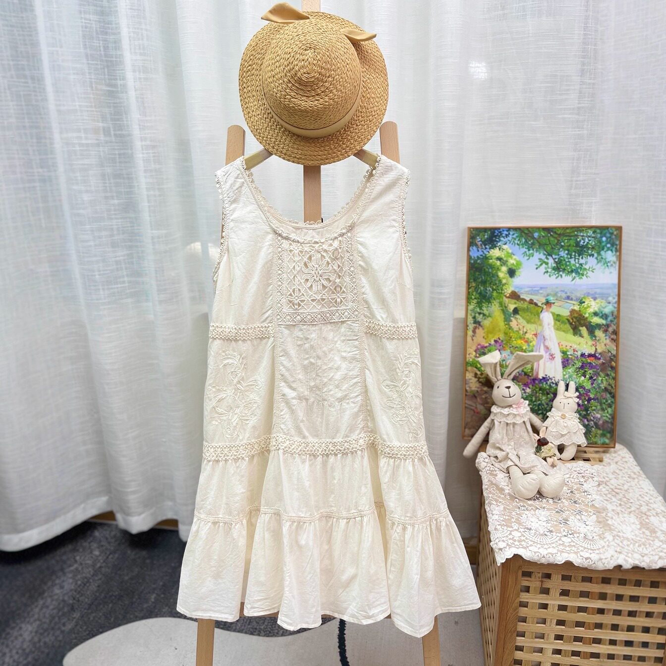 外DAN古着定制精美刺绣纯棉内衬圆领无袖背心裙拼接公主裙连衣裙