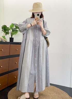 少女风圆领格子条纹拼接休闲长裙