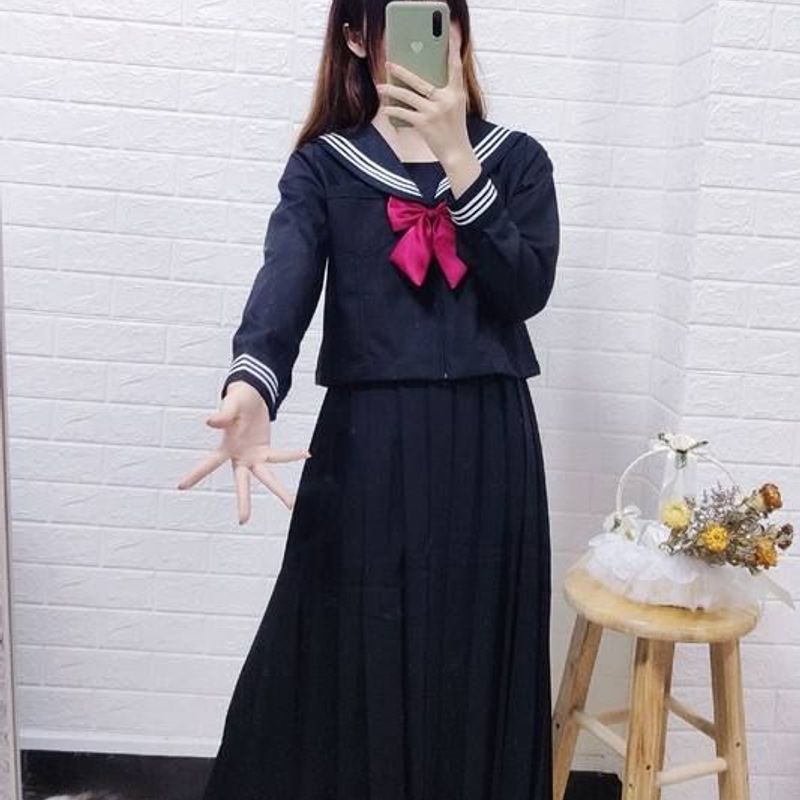 黑三本jk制服日本正统学生女校服黑色白三本水手服学院风长裙套装