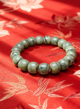 复古风意境手串天然和田玉籽料水草沁老型珠手串桶珠特色手链礼物