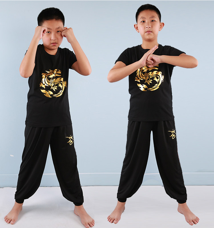 烫金武术t恤套装 纯棉圆领短袖少儿功夫练武服散打搏击训练服定制