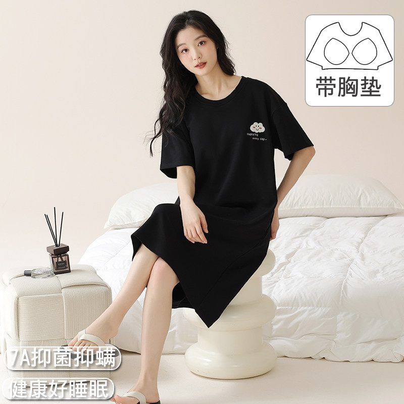 睡裙夏女士纯棉简约薄款带胸垫