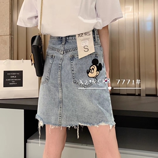 夏季韩版新款修身排扣洗水刺绣米奇牛仔裙女可爱元气短裙7771