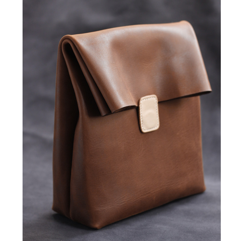 禧绿皮货手工制 纸袋型牛皮手拿包 咖啡植鞣原色 牛皮纸包