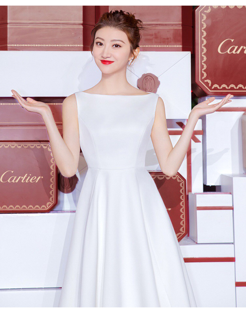 景甜明星同款连衣裙子无袖一字领白色高腰公主裙中长款a字晚礼服