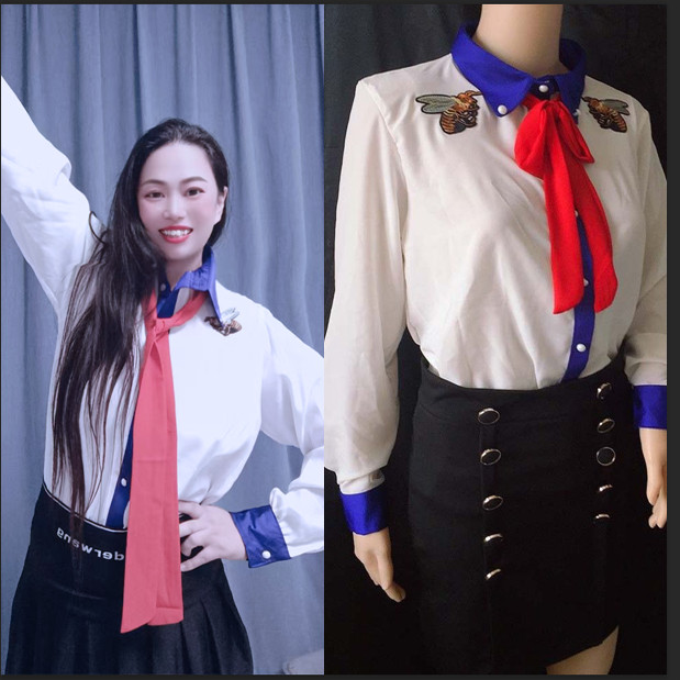 春秋装新款明星同款衬衫女长袖刺绣小蜜蜂刺绣飘带撞色衬衫雪纺衫
