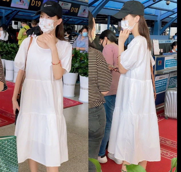 金晨明星同款连衣裙女短袖白色小心机圆领众气质宽松休闲桔梗裙