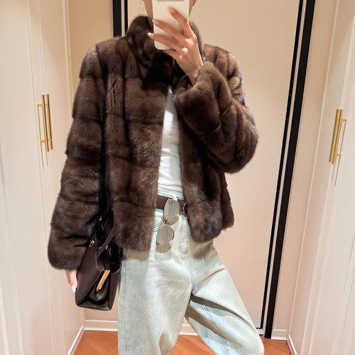天鹅绒貂皮大衣女外套横排水貂冬