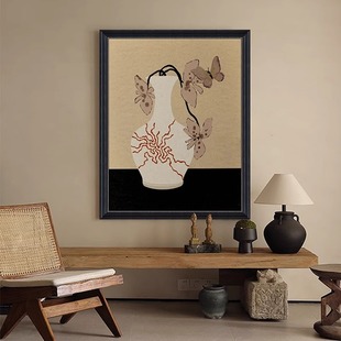 纯手绘油画新中式 饰画玄关中古风抽象花卉挂画餐厅 陶瓷花瓶客厅装