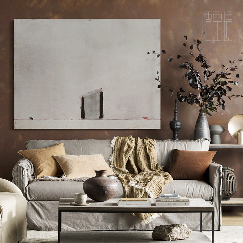 原创手绘WKJ.苍野｜极简侘寂风装饰画油画粉色卧室床头画横版挂画,家居饰品,油画,淘宝优惠券,粉丝福利购,淘宝优惠卷