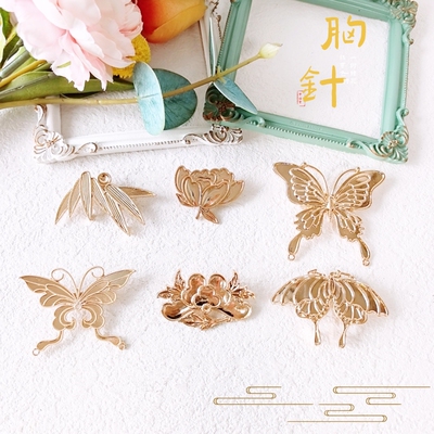 保色螺钿点翠芍药汉服别针合金