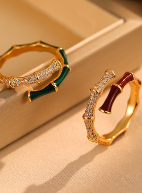 新款时尚锆石红色滴油锆石竹节戒指女小众设计高级感开口戒指2026