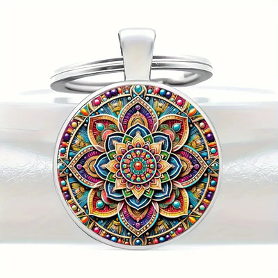 跨境新款 精美的彩色万花筒盛开的图案时光宝石吊坠钥匙扣饰品