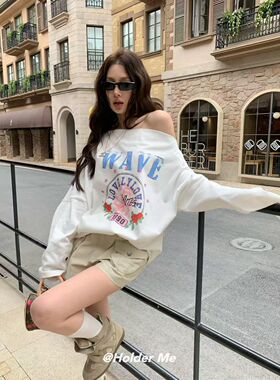 韩国东大门2026春新款一字肩字母印花宽松百搭长袖T恤