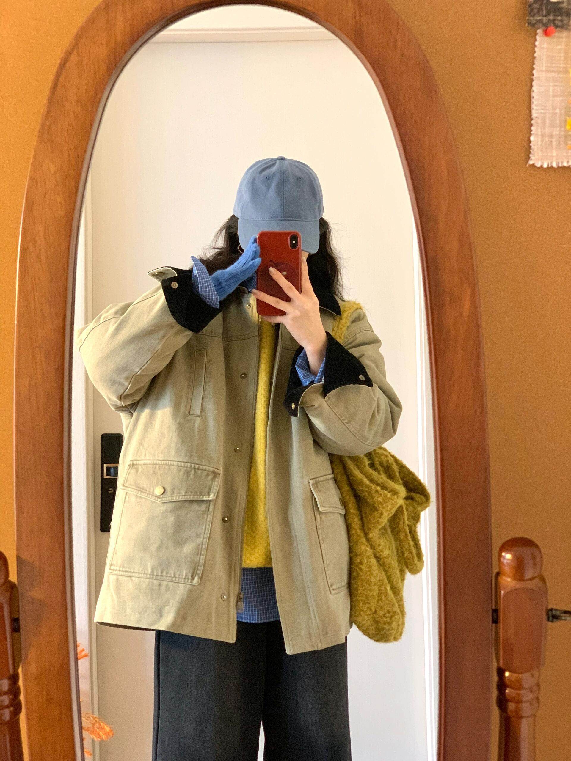 复古撞色翻领工装风衣女冬季中长款宽松显瘦口袋羽绒内胆保暖外套