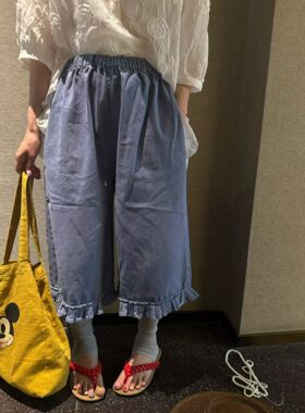 韩国东大门ins新款韩系洗旧木耳边七分牛仔裤