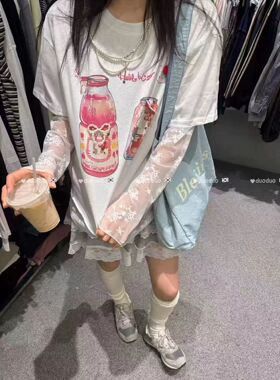 韩国东大门2026新圆领字母卡通图案拼接蕾丝袖假两件T恤百搭上衣