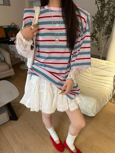 韩国东大门新chic慵懒条纹休闲蕾丝拼袖假两件T恤宽松港味上衣潮