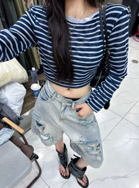 韩国东大门夏季圆领设计感镂空露背系带收腰显瘦条纹长袖T恤女