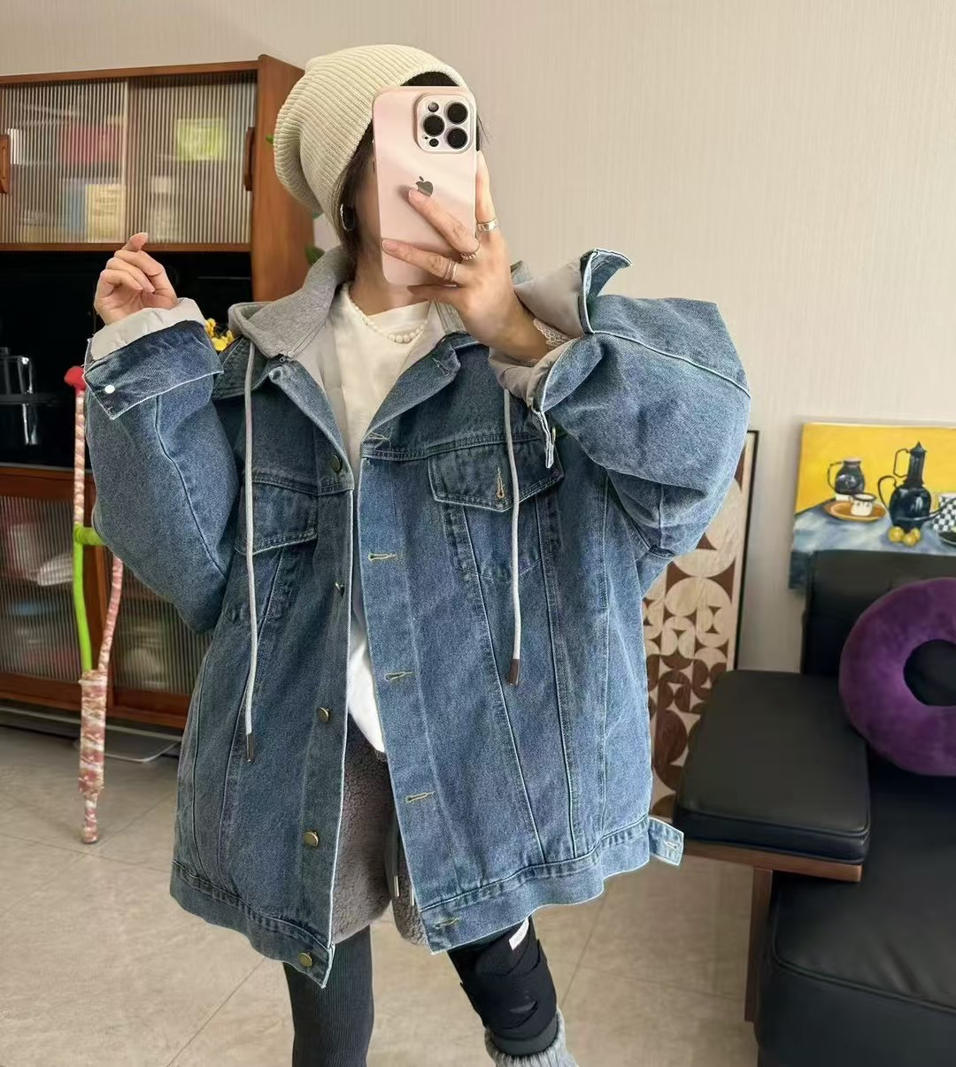 韩国东大门时尚百搭宽松连帽假两件牛仔外套羽绒内胆上衣