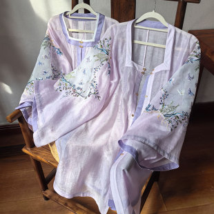 鸣皋堂制衣碧落小茶绣花上衣明制方领半袖 紫色春夏汉服 短衫