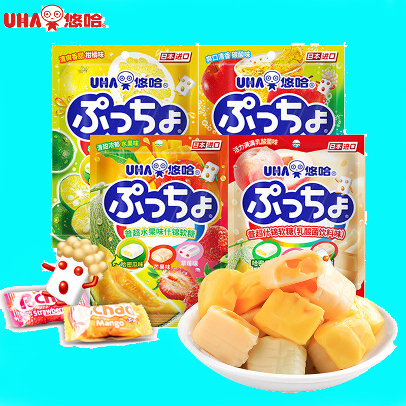 日本进口零食UHA悠哈味觉糖普超碳酸味什锦软糖水果糖夹心糖果90g