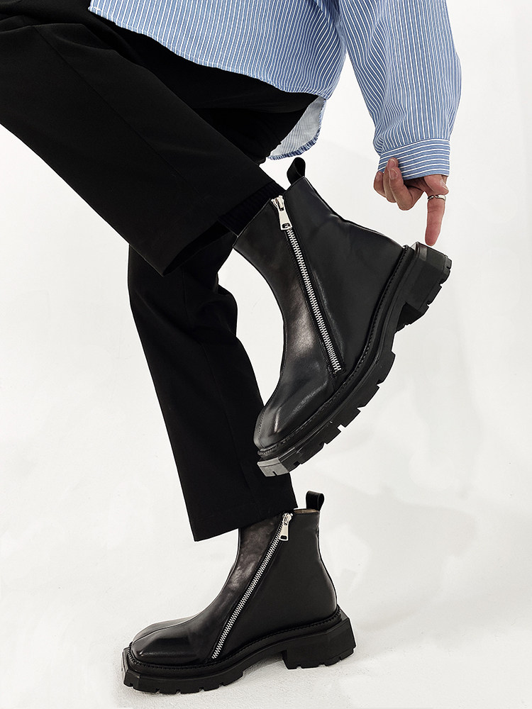 CHELSEA BOOTS MENS SQUARE TOE HIGH-TOP LEATHER SHOES BRITISH STYLE BLACK MID-TOP BOOTIES DOUBLE SIDE ZIPPER PLATFORM SOLE MARTIN BOOTS TIDE