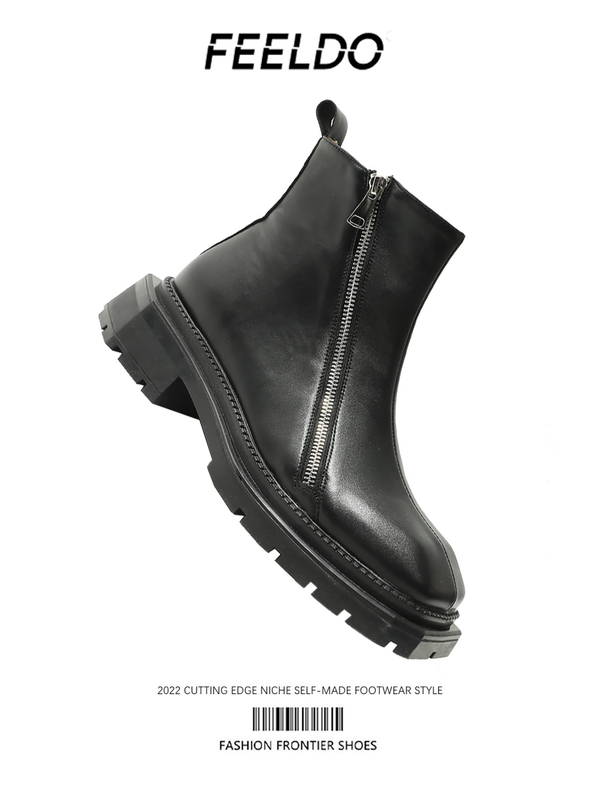 CHELSEA BOOTS MENS SQUARE TOE HIGH-TOP LEATHER SHOES BRITISH STYLE BLACK MID-TOP BOOTIES DOUBLE SIDE ZIPPER PLATFORM SOLE MARTIN BOOTS TIDE