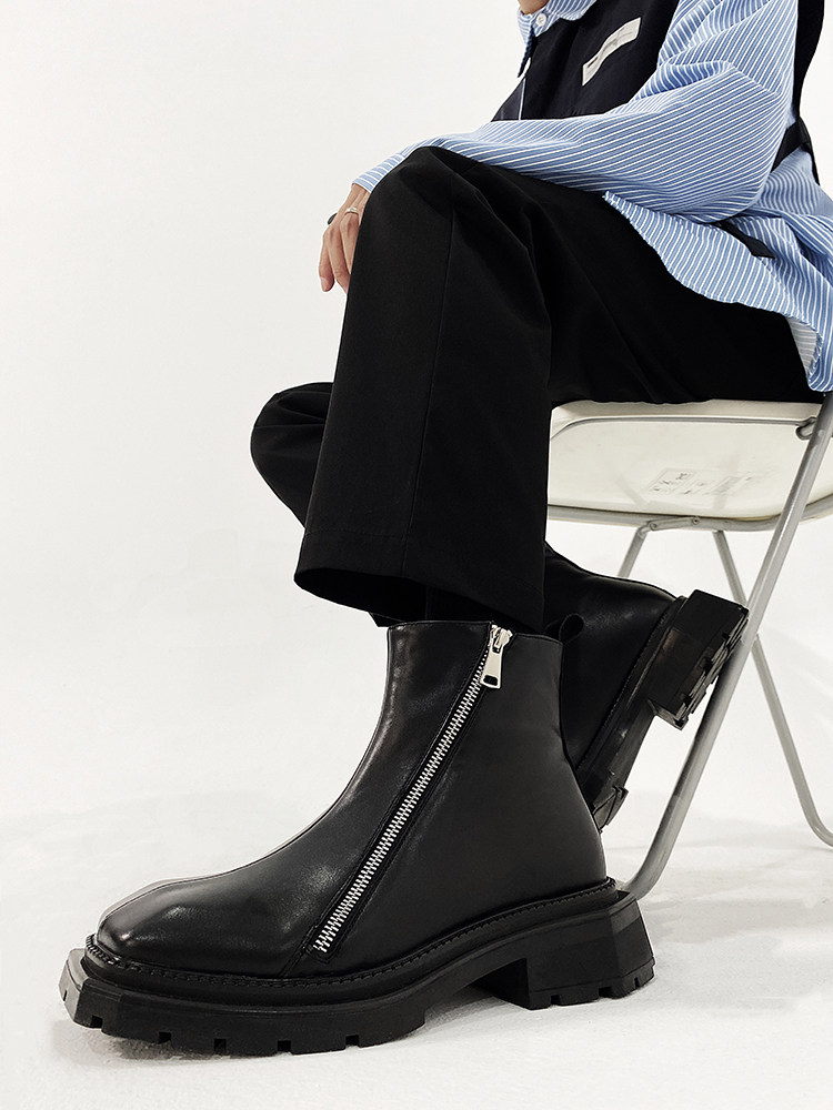 CHELSEA BOOTS MENS SQUARE TOE HIGH-TOP LEATHER SHOES BRITISH STYLE BLACK MID-TOP BOOTIES DOUBLE SIDE ZIPPER PLATFORM SOLE MARTIN BOOTS TIDE