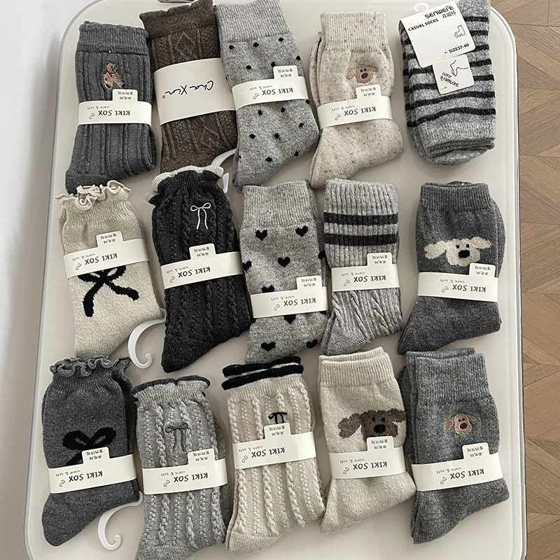 秋冬季加厚保暖袜子女中筒袜日系韩版花边蝴蝶结可爱卡通羊毛短袜,女士内衣/男士内衣/家居服,中筒袜,淘宝优惠券,粉丝福利购,淘宝优惠卷
