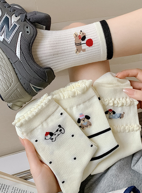 2025年爆款卡通腊肠狗白色可爱中筒女袜袜子女狗狗薄款长袜