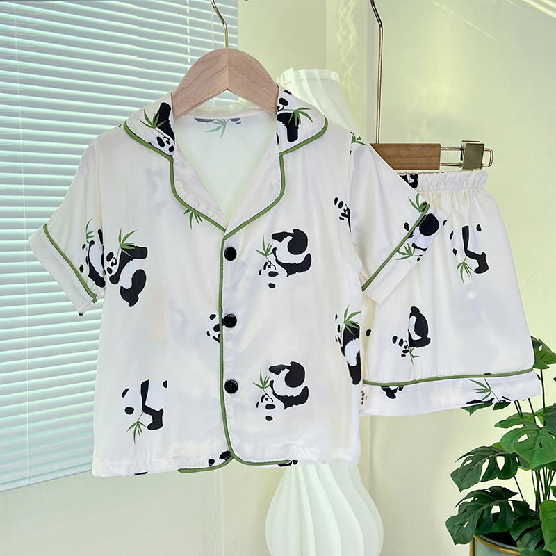 儿童睡衣男童夏季薄款女孩夏天短袖冰丝缎面雪纺家居服中大童套装