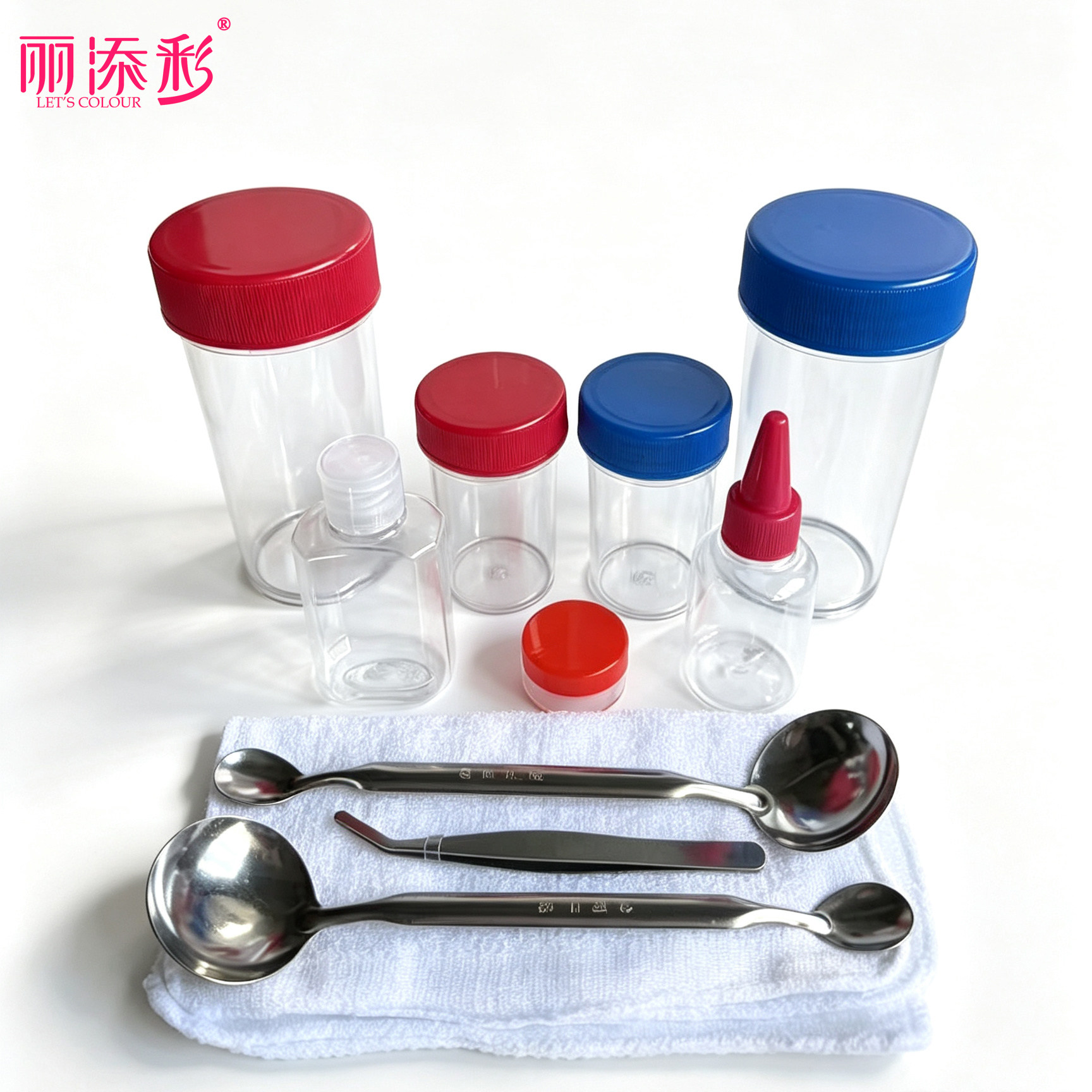 产品示范实验红蓝套杯有盖密封防漏透明杯带刻度演示杯子双头勺