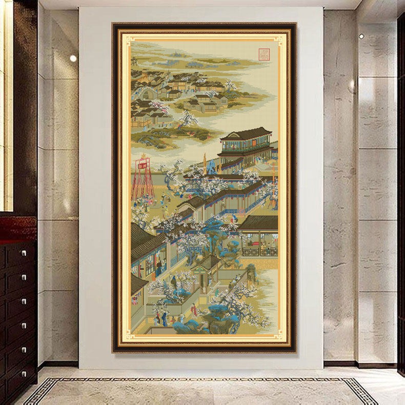 蒙娜丽莎十字绣2022新款客厅卧室雍正十二月之正月竖版玄关风景画