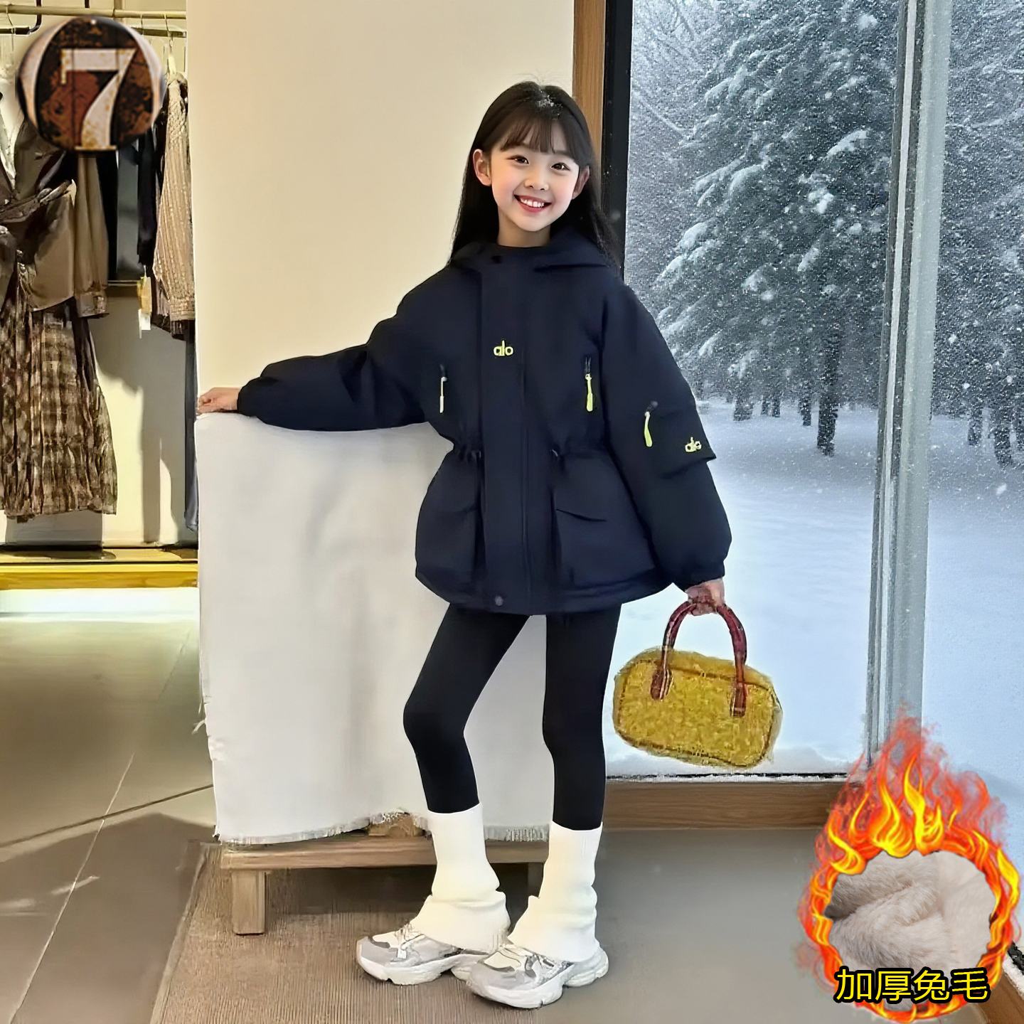 女童加厚外套秋冬款连帽收腰