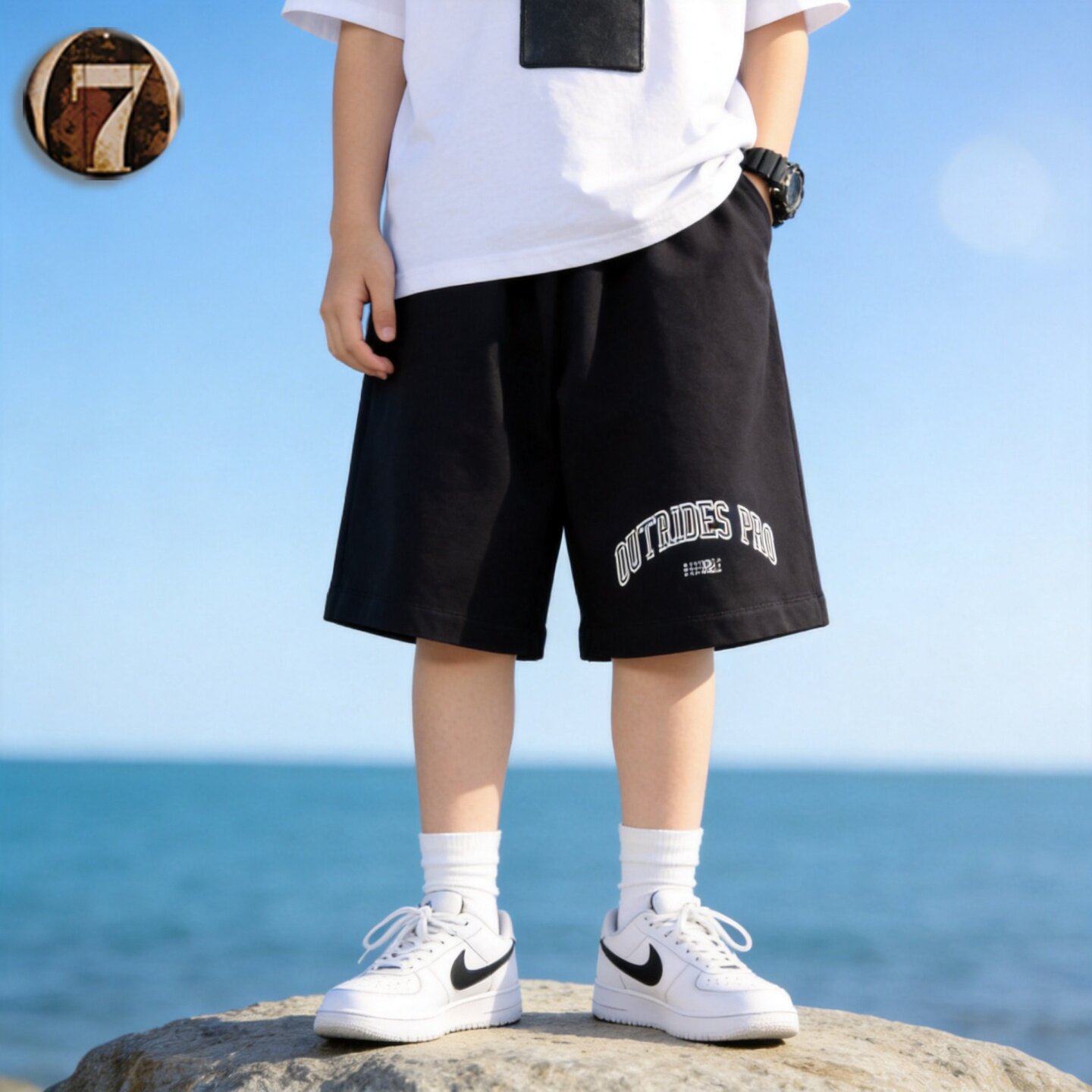 男童黑色字母印花针织棉布短裤中大童宽松透气夏季男孩运动五分裤