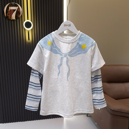 女童韩式圆领拼接袖T恤2026春秋儿童条纹蝴蝶结卡通印花长袖上衣t