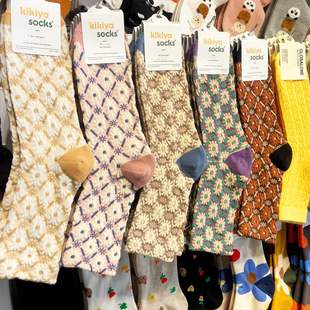 2025袜子女袜韩国进口699浮雕格纹花棉袜秋冬新款 拼色跟中筒女袜