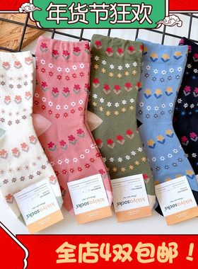 2026韩国袜子女 638东大门冬新款森系复古花朵碎花中筒女袜