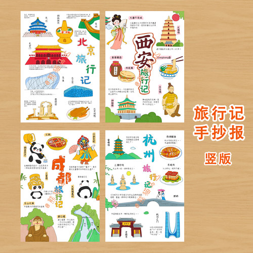 熊猫马达 旅行记手抄报合集暑假游记假期旅游小报横版竖版线稿
