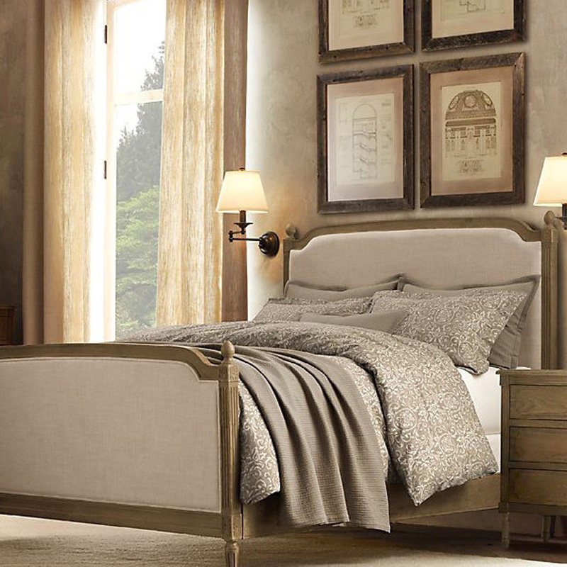 木朵朵家具美式双人床雕花原木亚麻布艺软包定制实木法式乡村婚床