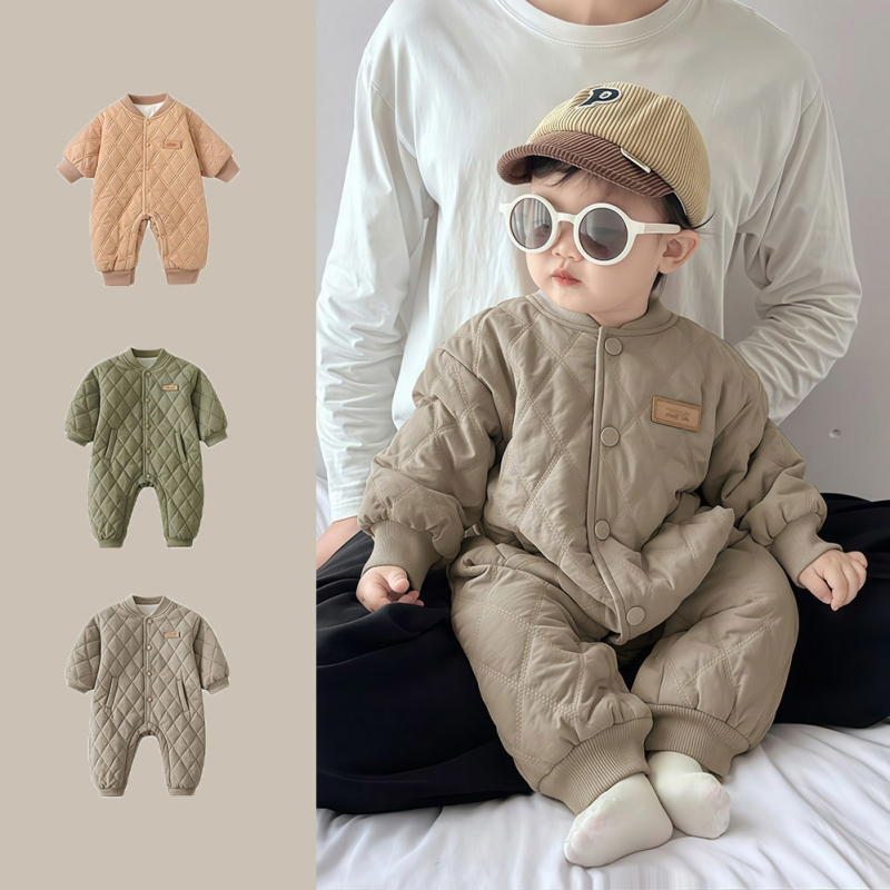 婴儿连体衣服秋冬装宝宝加绒加厚棉服百天连帽哈衣冬季夹棉外出服