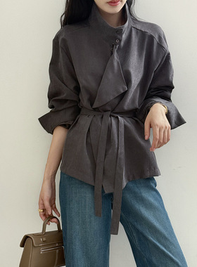 言双 韩系绒感立领收腰系带衬衫女 秋季高级感显瘦百搭小衫82622