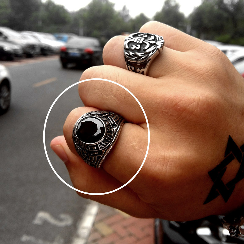 欧美复古时尚配饰品潮人黑玛瑙钛钢扳指环霸气单身食指戒指尾戒男