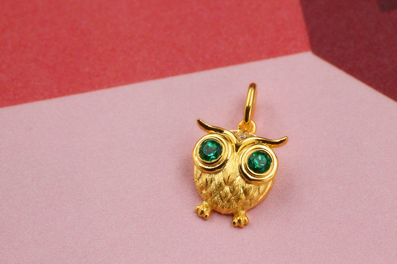 天然祖母绿可爱小猫头鹰激萌小吊坠（18K金与925银都可订）