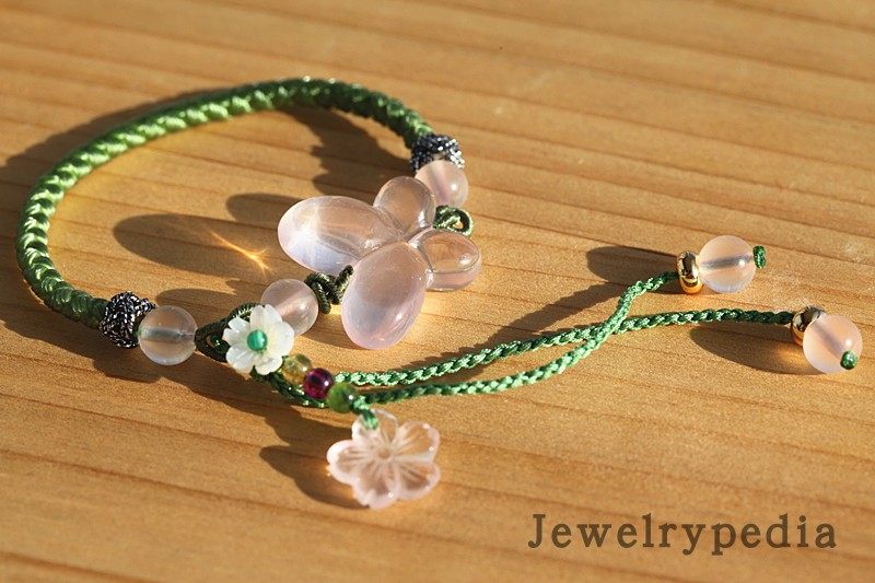 天然冰种粉晶芙蓉石蝶恋花（蝴蝶、小樱花）设计款手编手链、手绳