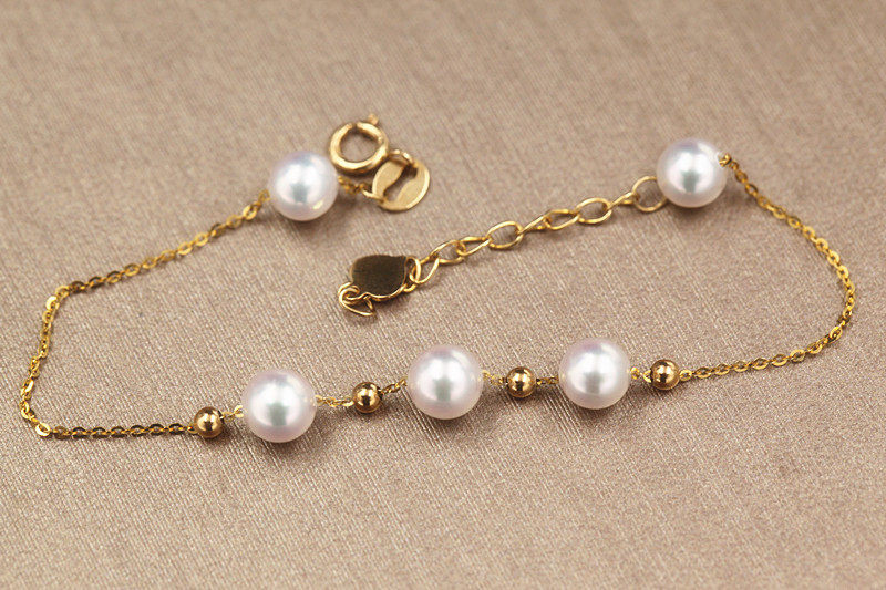 5.5~6mm日本Akoya海水白珍珠“五福”路路通18K金手链