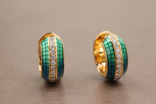 群镶钻石18K金高级珐琅耳钉